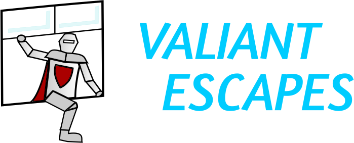The logo of Valiant Escapes, a knight climbing through a window